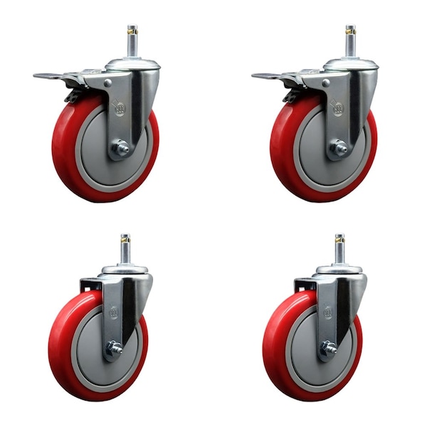 Service Caster 5'' Red Poly Wheel Swivel 7/16'' Stem Caster Set 2 Total Lock Brake, 4PK SCC-GRTTL20S514-PPUB-RED-716138-2-S2 - main